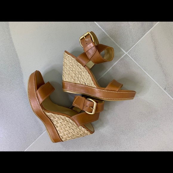 Stuart Weitzman Tan Leather Wedge Sandals